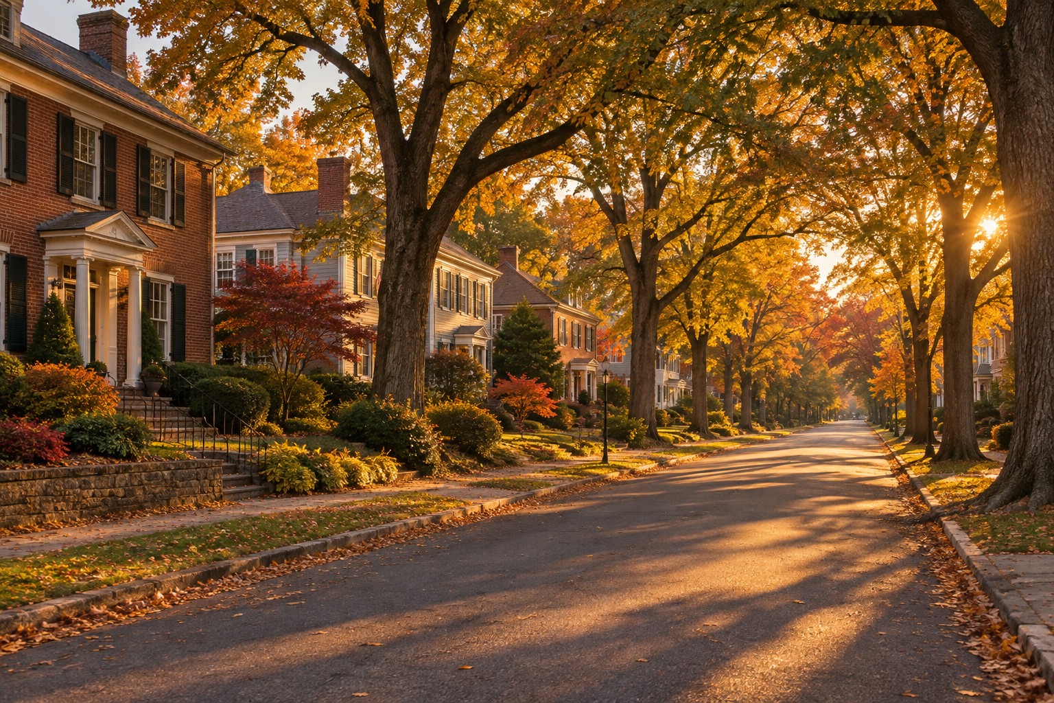 A central Pennsylvania residential street near Hershey at golden hour, illustrative