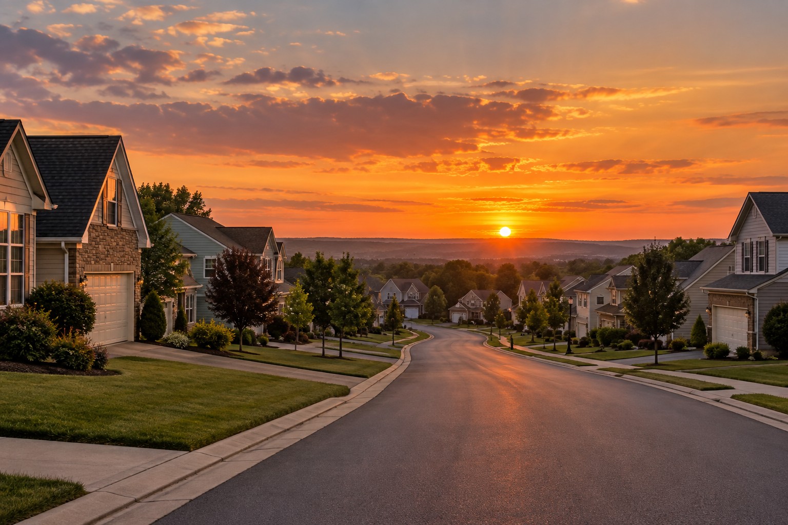 A central Pennsylvania street at sunset, illustrative