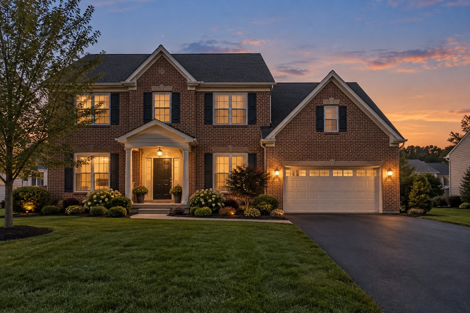 A central Pennsylvania home exterior at dusk, illustrative