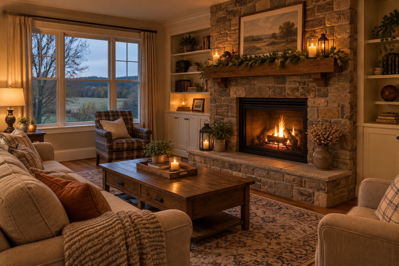 A cozy central Pennsylvania living room, illustrative